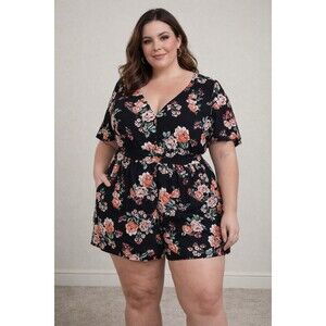 Torrid Black Floral Romper Women's Size 1x V-Neck Flutter Sleeve Blooms Plus